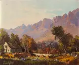 Cottage in a Mountainous Landscape by Tinus de Jongh, oil on canvas, sold Jul 2023