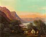 Cottage at the Foot of a Mountain by Tinus de Jongh, oil on canvas, sold Jul 2023