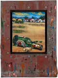 Willie Bester, Beer Bottle with Houses Beyond, oil on board in the artist's hand-made frame