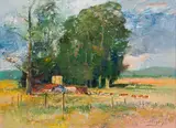 Landscape with Trees and Cattle by Errol Boyley, oil on canvas, sold Jul 2023