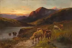 Charles W. Oswald, Highland Cattle by a Loch, oil on canvas