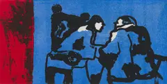 Plotting by Robert Hodgins, colour aquatint on paper, sold Aug 2023