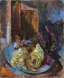 Cecil Higgs, Still Life with Fruit and Vegetables on a Blue Plate, oil on canvas