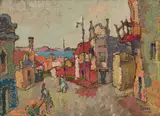 Street in Red and Table Bay by Gregoire Boonzaier, oil on board, offered Aug 2023