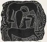 Horses, 6 January by Walter Battiss, linocut on found paper, sold Aug 2023