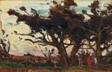 Adriaan Boshoff, Landscape with Figures and Trees, oil on canvas laid down on board