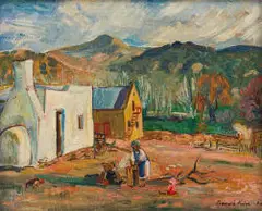 François Krige, Mother and Child, Village Scene, oil on canvas