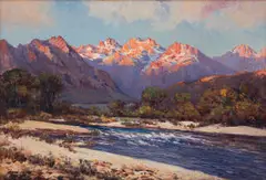Hugo Naude, Landscape with Mountains and Trees Near a River, oil on board
