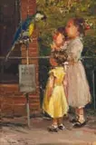Children and Macaw by Adriaan Boshoff, oil on canvas laid down on board, sold Aug 2023