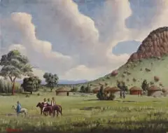 Simon Moroke Lekgetho, Landscape with Men on Horseback, oil on canvas board