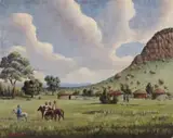 Simon Moroke Lekgetho, Landscape with Men on Horseback, oil on canvas board