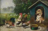 Alfred Schönian, Dog and Chickens, oil on wood panel