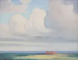 House with Clouds by Jacobus Hendrik Pierneef, oil on canvas laid down on board, sold Jul 2023