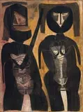 Cecil Skotnes, Two Figures, carved, painted and incised wood panel