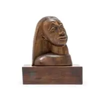 Elsa Hermine Dziomba, Female Head, carved wood, on a wooden base