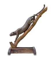 Descending Leopard by Keith Calder, bronze with a brown patina and wood, on a wooden base, sold Jul 2023