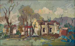 Gregoire Boonzaier, Houses and Trees, oil on wood panel