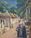 Hugo Naude, Street Scene with Women, oil on wood panel