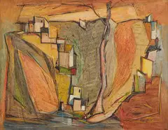 Boats and Village by Dirk Meerkotter, oil on board, sold May 2023