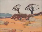 Piet van Heerden, Quiver Trees with Rocky Outcrop, oil on canvas laid down on board