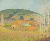 Piet van Heerden, Buildings in a Landscape, oil on canvas laid down on board