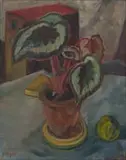 Florence Zerffi, Still Life with a Pot Plant and Fruit, oil on canvas
