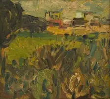 Wolf Kibel, Landscape with Buildings and Spire, oil on board