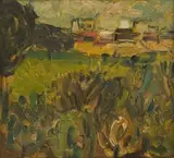 Wolf Kibel, Landscape with Buildings and Spire, oil on board