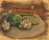Ernst de Jong, Still Life with Green Pepper, oil and gold leaf on board