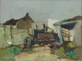 Piet Kannemeyer, Wagon and Houses, oil on canvas laid down on board