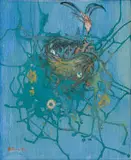 Alice Tennant, Chicks in a Nest, mixed media on board