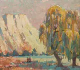Sydney Carter, Willow and Figures in a Mountain Landscape, oil on board