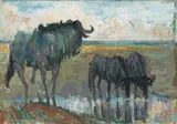 Three Wildebeest at a Watering Hole by Zakkie Eloff, oil on canvas, sold May 2023