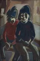 Iris Ampenberger, Two Boys Sitting, oil on canvas laid down on board