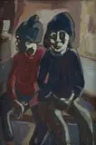 Iris Ampenberger, Two Boys Sitting, oil on canvas laid down on board