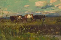 Adriaan Boshoff, Herder and Cattle, oil on canvas laid down on board
