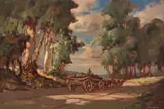 Wagon and Trees by Johannes Oldert, oil on board, sold May 2023