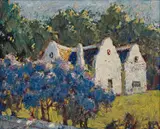 Sydney Carter, Houses behind Blossoming Trees, oil on card