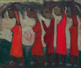 Harvesters in Red by Frans Claerhout, oil on canvas laid down on board, sold May 2023