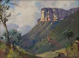 Mountains with Trees by Willem Hermanus Coetzer, oil on canvas board, sold May 2023