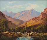 Mountain Valley with Stream by Tinus de Jongh, oil on canvas, sold May 2023