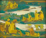 African Women in Yellow Robes by Walter Battiss, oil on canvas, sold May 2023