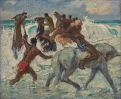 Alfred Palmer, Racehorses on Durban Beach, oil on board