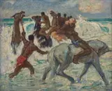 Alfred Palmer, Racehorses on Durban Beach, oil on board