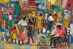 Eli Kobeli, Township Scene, mixed media on board