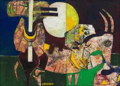 Rides II by Speelman Mahlangu, mixed media on board, sold May 2023