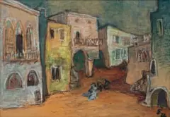 Ernest Ullmann, Street Scene with Buildings, mixed media on canvas laid down on board