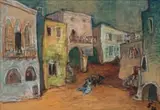Ernest Ullmann, Street Scene with Buildings, mixed media on canvas laid down on board