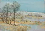 Christopher Tugwell, Trees near a Lake, oil on board