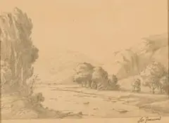 Leo François, Mountain Landscape through Trees, pencil on paper